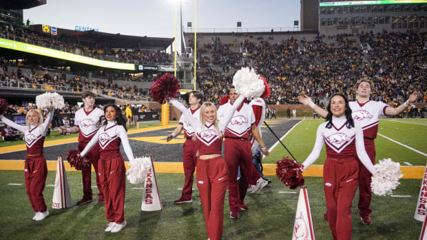 Nov 25, 2022; Columbia, Missouri, USA; The Arkansas Razorbacks cheerleaders perform against the Missouri Tigers during the second half at Faurot Field at Memorial Stadium. Mandatory Credit: Denny Medley-USA TODAY Sports
